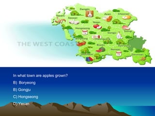 In what town are apples grown? Boryeong B) Gongju C) Hongseong D) Yesan 