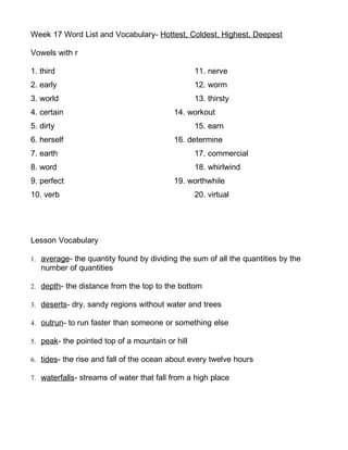 3rd Grade- Unit 4 Word Lists and Vocabulary
