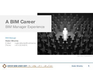 1Nader Elharidy
A BIM Career
BIM Manager Experience
BIM Manager
Nader Elharidy
E-Mail: nader.elharidy@hochtief.de
Phone: +974 55348241
Image courtesy of Freedigitalphotos.net
 