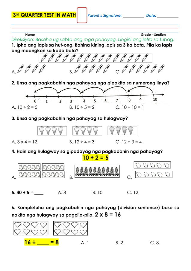 3rd periodical test for grade 2 mathematics 2 sinugbuanong binisaya | PDF