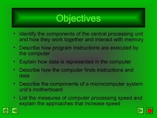 Objectives
• Identify the components of the central processing unit
and how they work together and interact with memory
• Describe how program instructions are executed by
the computer
• Explain how data is represented in the computer
• Describe how the computer finds instructions and
data
• Describe the components of a microcomputer system
unit’s motherboard
• List the measures of computer processing speed and
explain the approaches that increase speed
 