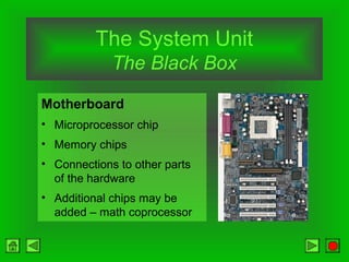 The System Unit
The Black Box
Motherboard
• Microprocessor chip
• Memory chips
• Connections to other parts
of the hardware
• Additional chips may be
added – math coprocessor
 