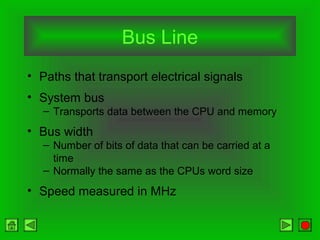 Bus Line
• Paths that transport electrical signals
• System bus
– Transports data between the CPU and memory
• Bus width
– Number of bits of data that can be carried at a
time
– Normally the same as the CPUs word size
• Speed measured in MHz
 