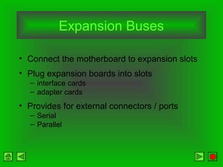 Expansion Buses
• Connect the motherboard to expansion slots
• Plug expansion boards into slots
– interface cards
– adapter cards
• Provides for external connectors / ports
– Serial
– Parallel
 