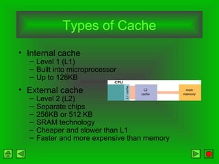 Types of Cache
• Internal cache
– Level 1 (L1)
– Built into microprocessor
– Up to 128KB
• External cache
– Level 2 (L2)
– Separate chips
– 256KB or 512 KB
– SRAM technology
– Cheaper and slower than L1
– Faster and more expensive than memory
 