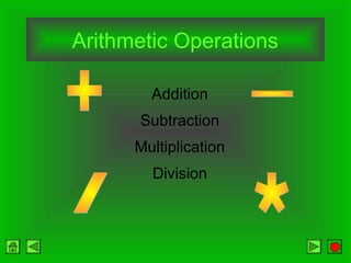 Arithmetic Operations
Addition
Subtraction
Multiplication
Division
 