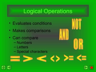 Logical Operations
• Evaluates conditions
• Makes comparisons
• Can compare
– Numbers
– Letters
– Special characters
 