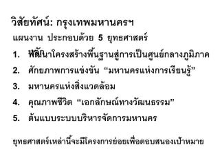วิสัยทัศน์: กรุงเทพมหานครฯ
แผนงาน ประกอบด้วย 5 ยุทธศาสตร์
หลัก1. พัฒนาโครงสร้างพื้นฐานสู่การเป็นศูนย์กลางภูมิภาค
2. ศักยภาพการแข่งขัน “มหานครแห่งการเรียนรู้”
3. มหานครแห่งสิ่งแวดล้อม
4. คุณภาพชีวิต “เอกลักษณ์ทางวัฒนธรรม”
5. ต้นแบบระบบบริหารจัดการมหานคร
ยุทธศาสตร์เหล่านี้จะมีโครงการย่อยเพื่อตอบสนองเป้าหมาย
 