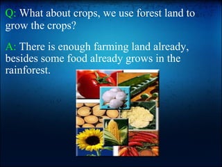 Q:  What about crops, we use forest land to grow the crops?    A:  There is enough farming land already, besides some food already grows in the rainforest. 