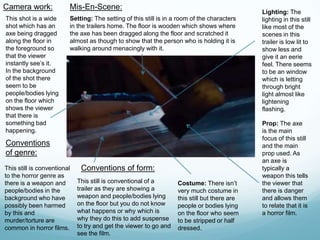 Camera work:
This shot is a wide
shot which has an
axe being dragged
along the floor in
the foreground so
that the viewer
instantly see’s it.
In the background
of the shot there
seem to be
people/bodies lying
on the floor which
shows the viewer
that there is
something bad
happening.
Mis-En-Scene:
Setting: The setting of this still is in a room of the characters
in the trailers home. The floor is wooden which shows where
the axe has been dragged along the floor and scratched it
almost as though to show that the person who is holding it is
walking around menacingly with it.
Lighting: The
lighting in this still
like most of the
scenes in this
trailer is low lit to
show less and
give it an eerie
feel. There seems
to be an window
which is letting
through bright
light almost like
lightening
flashing.
Prop: The axe
is the main
focus of this still
and the main
prop used. As
an axe is
typically a
weapon this tells
the viewer that
there is danger
and allows them
to relate that it is
a horror film.
Costume: There isn’t
very much costume in
this still but there are
people or bodies lying
on the floor who seem
to be stripped or half
dressed.
Conventions
of genre:
This still is conventional
to the horror genre as
there is a weapon and
people/bodies in the
background who have
possibly been harmed
by this and
murder/torture are
common in horror films.
Conventions of form:
This still is conventional of a
trailer as they are showing a
weapon and people/bodies lying
on the floor but you do not know
what happens or why which is
why they do this to add suspense
to try and get the viewer to go and
see the film.
 
