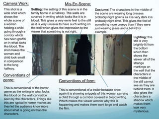 Camera Work:
This shot is a
wide shot which
shows the
whole scene of
a woman
holding a child
going through a
corridor which
has been graffiti
on in what looks
like blood. The
shot makes the
woman and
child look small
in comparison
to the long
hallway.
Mis-En-Scene:
Setting: the setting of this scene is in the
family home in a hallway. The walls are
covered in writing which looks like it is in
blood. This gives a very eerie feel to the still
as it is very unusual to have such writing on
the wall which gives the impression to the
viewer that something is not right.
Costume: The characters in the middle of
the scene are wearing long dresses
probably night gowns as it is very dark it is
probably night time. This gives the feel of
something more creepy than if they were
just wearing jeans and a t-shirt for
example.
Lighting: this
still is very
brightly lit from
the bottom
which then
shows the
viewer all of the
strange
markings on
the wall that the
characters in
the middle of
the still cannot
see as they are
behind them. It
also gives the
characters a
shadow which
makes them
look very
mysterious.
Conventions of
genre:
This is conventional of the horror
genre as the writing in what looks
like blood on the wall cannot be
seen by the characters. Things like
this are typical in horror movies as
they let the audience know more
about what is going on than the
characters.
Conventions of form:
This is conventional of a trailer because once
again it is showing snippets of this woman carrying
a child through a corridor covered in blood writing.
Which makes the viewer wonder why this is
happening and makes them want to go and watch
the film.
 