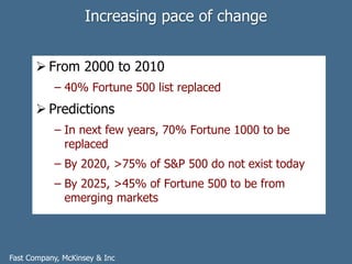 Increasing pace of change
 From 2000 to 2010
− 40% Fortune 500 list replaced
 Predictions
− In next few years, 70% Fortune 1000 to be
replaced
− By 2020, >75% of S&P 500 do not exist today
− By 2025, >45% of Fortune 500 to be from
emerging markets
Fast Company, McKinsey & Inc
 