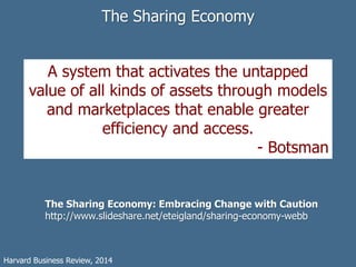 A system that activates the untapped
value of all kinds of assets through models
and marketplaces that enable greater
efficiency and access.
- Botsman
The Sharing Economy
Harvard Business Review, 2014
The Sharing Economy: Embracing Change with Caution
http://www.slideshare.net/eteigland/sharing-economy-webb
 