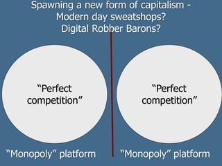 Spawning a new form of capitalism -
Modern day sweatshops?
Digital Robber Barons?
“Monopoly” platform “Monopoly” platform
“Perfect
competition”
“Perfect
competition”
 