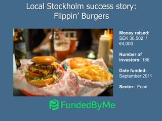 Local Stockholm success story:
Flippin’ Burgers
Money raised:
SEK 36,502 /
€4,000
Number of
investors: 186
Date funded:
September 2011
Sector: Food
 