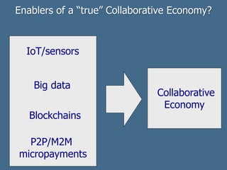 Enablers of a “true” Collaborative Economy?
Blockchains
Collaborative
Economy
IoT/sensors
P2P/M2M
micropayments
Big data
 