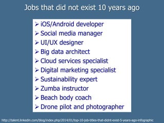 Jobs that did not exist 10 years ago
 iOS/Android developer
 Social media manager
 UI/UX designer
 Big data architect
 Cloud services specialist
 Digital marketing specialist
 Sustainability expert
 Zumba instructor
 Beach body coach
 Drone pilot and photographer
http://talent.linkedin.com/blog/index.php/2014/01/top-10-job-titles-that-didnt-exist-5-years-ago-infographic
 