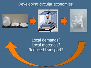 Developing circular economies
Local demands?
Local materials?
Reduced transport?
 