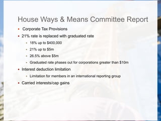 House Ways & Means Committee Report
 Corporate Tax Provisions
 21% rate is replaced with graduated rate
 18% up to $400,000
 21% up to $5m
 26.5% above $5m
 Graduated rate phases out for corporations greater than $10m
 Interest deduction limitation
 Limitation for members in an international reporting group
 Carried interests/cap gains
 