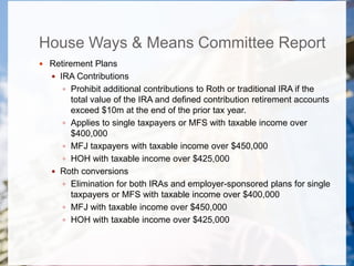 House Ways & Means Committee Report
 Retirement Plans
 IRA Contributions
 Prohibit additional contributions to Roth or traditional IRA if the
total value of the IRA and defined contribution retirement accounts
exceed $10m at the end of the prior tax year.
 Applies to single taxpayers or MFS with taxable income over
$400,000
 MFJ taxpayers with taxable income over $450,000
 HOH with taxable income over $425,000
 Roth conversions
 Elimination for both IRAs and employer-sponsored plans for single
taxpayers or MFS with taxable income over $400,000
 MFJ with taxable income over $450,000
 HOH with taxable income over $425,000
 