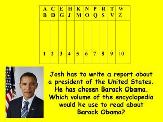 Josh has to write a report about a president of the United States. He has chosen Barack Obama. Which volume of the encyclopedia would he use to read about Barack Obama? 