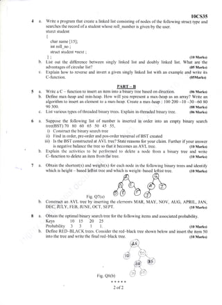 4a.
5a.
b.
c
6a.
b.
10cs35
Write a program that create a linked list consisting of nodes of the following struct type and
searches the record of a student whose roll_number is given by the user.
sturct student
{
char name [15];
int roll_no ;
struct student *next i
) ; (10 Marks)
List out the difference between singly linked list and doubly linked list. What are the
advantages of circular list? (05 Marks)
Explain how to reverse and invert a given singly linked list with an example and write its
C-function. (O5Marks)
PART _ B
Write a C - function to insert an item into a binary tree based on direction, (06 Marks)
b.
7a.
Define max-heap and min-heap. How will you represent a max-heap as an alray? Write an
algorithm to insert an element to a max-heap. Create a max-heap : 100 200 -10 -30 -60 80
90 300. (08 Marks)
List various types of threaded binary trees. Explain in-threaded binary iree. (06 Marks)
Suppose the following list of number is inserted in order into an empty binary search
tree(BST) 70 80 60 65 50 45 55,
D Construct the binary search tree
i, Find in order, pre-order and pos-order traversal of BST created
iii) ls the BST constructed at AVL tree? State reasons for your claim. Further if your answer
is negative balance the tree so that it becomes an AVL tree. (I0 Marks)
Explain the activities to be performed to delete a node from a binary tree and write
C-function to delete an item from the tree. (10 Marks)
Obtain the shortest(x) and weight(x) for each node in the following binary trees and iclentify
which is height - based leftist tree and which is weight*based leftist tree. (10 Marks)
Fig. Q7(a)
b"
8a.
b.
Construct an AVL tree by inserting the elements MAR, MAY, NOV, AUG, APRIL, JAN,
DEC; fuLy, FEB, JUNE, oCT, SEPT. (10 Marks)
Obtain the optimal binary search tree for the following items and associated probability.
Keys 10 15 2A 25
Probability 3 3 1 1. (toMarks)
Define RED-BLACK trees. Consider the red-black tree shown below and insert the item 50
into the tree and write the final red-black tree. (10 Marks)
,-"=
(&51

4' ,/i .}
,i to) 'Y"
eil€qj
-i"' -.'
Fig. Q8(b) t,-! ['t ]
*rr{<{<{<
2 of2
 