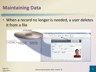 Maintaining Data
• When a record no longer is needed, a user deletes
it from a file
Discovering Computers 2012: Chapter 10
11Page 522
Figure 10-7
 