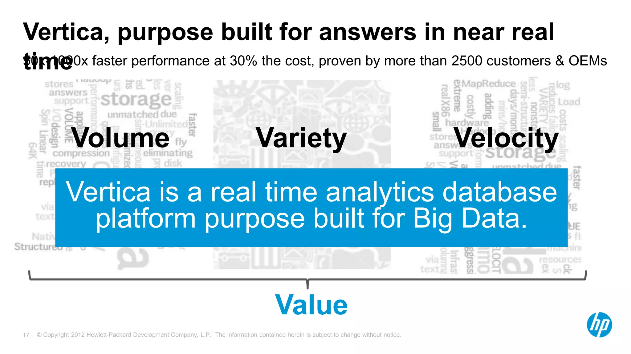 © Copyright 2012 Hewlett-Packard Development Company, L.P. The information contained herein is subject to change without notice.17
50x-1000x faster performance at 30% the cost, proven by more than 2500 customers & OEMs
Vertica, purpose built for answers in near real
time
1000x
Volume Variety Velocity
Value
Vertica is a real time analytics database
platform purpose built for Big Data.
 