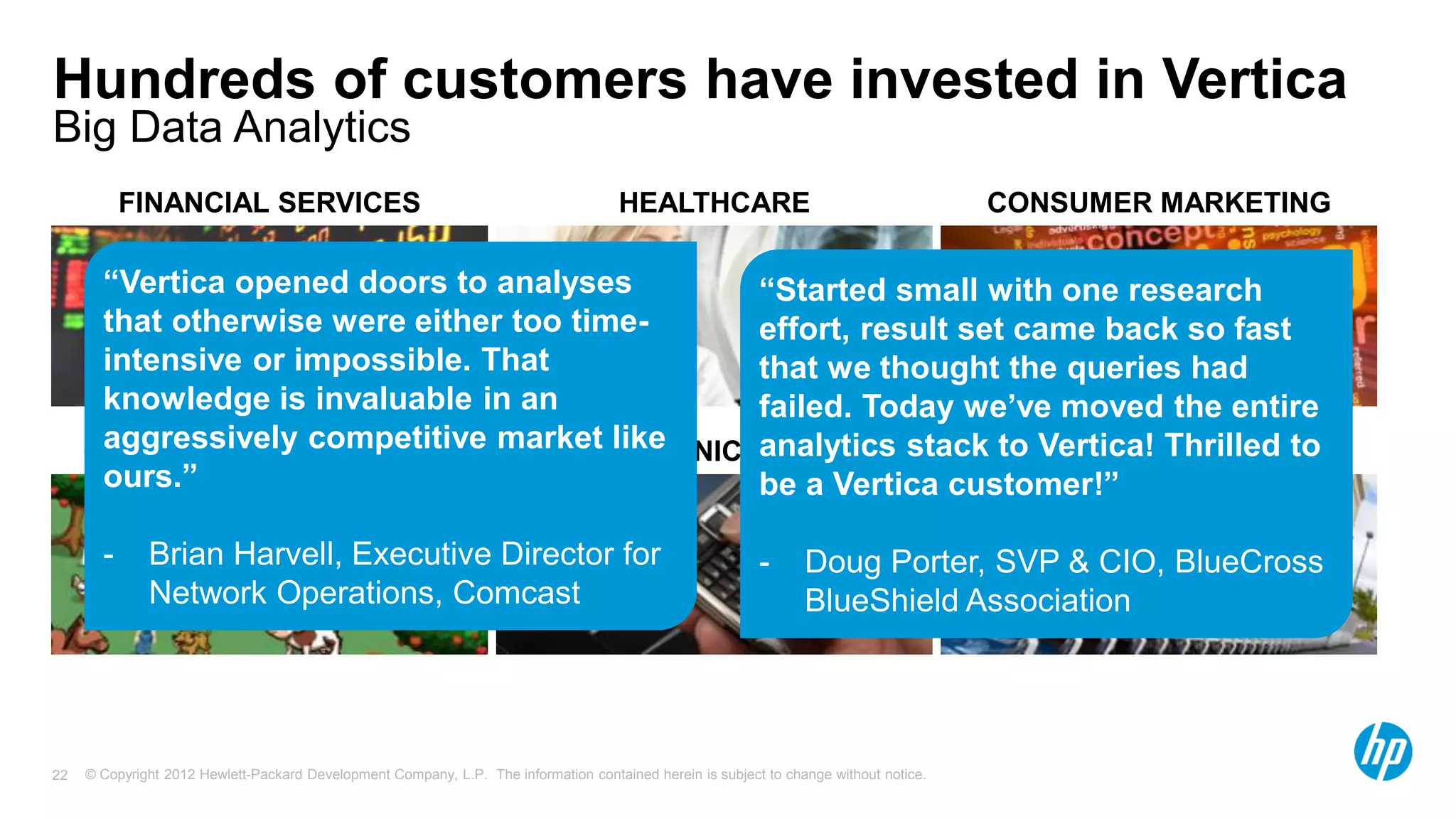 © Copyright 2012 Hewlett-Packard Development Company, L.P. The information contained herein is subject to change without notice.22
Big Data Analytics
Hundreds of customers have invested in Vertica
FINANCIAL SERVICES
COMMUNICATIONS
CONSUMER MARKETINGHEALTHCARE
RETAILONLINE WEB AND GAMING
“Vertica opened doors to analyses
that otherwise were either too time-
intensive or impossible. That
knowledge is invaluable in an
aggressively competitive market like
ours.”
- Brian Harvell, Executive Director for
Network Operations, Comcast
“Started small with one research
effort, result set came back so fast
that we thought the queries had
failed. Today we’ve moved the entire
analytics stack to Vertica! Thrilled to
be a Vertica customer!”
- Doug Porter, SVP & CIO, BlueCross
BlueShield Association
 