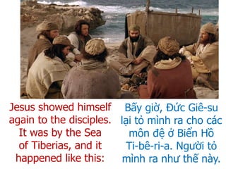 Bấy giờ, Đức Giê-su
lại tỏ mình ra cho các
môn đệ ở Biển Hồ
Ti-bê-ri-a. Người tỏ
mình ra như thế này.
Jesus showed himself
again to the disciples.
It was by the Sea
of Tiberias, and it
happened like this:
 