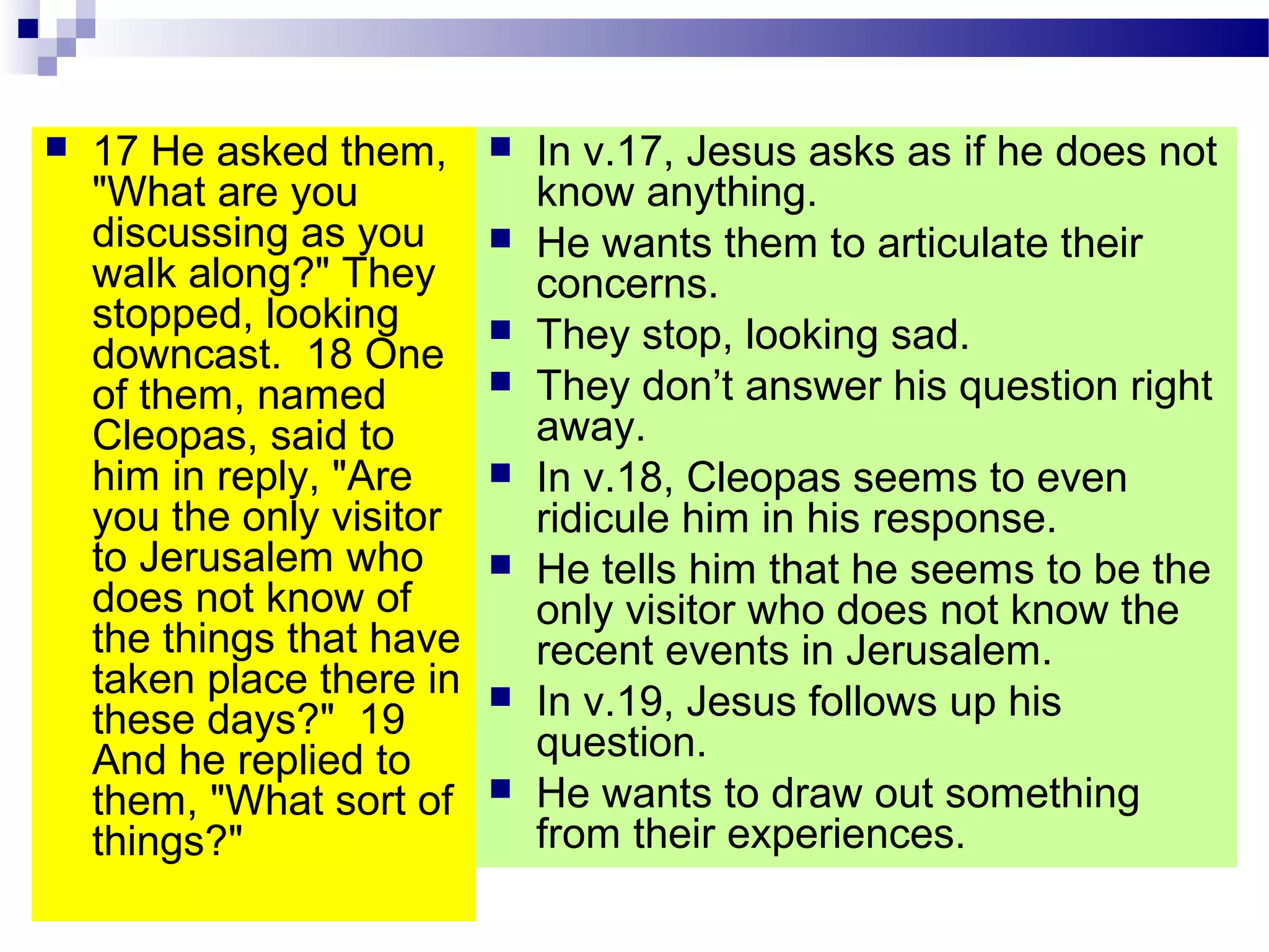  17 He asked them,
"What are you
discussing as you
walk along?" They
stopped, looking
downcast. 18 One
of them, named
Cleopas, said to
him in reply, "Are
you the only visitor
to Jerusalem who
does not know of
the things that have
taken place there in
these days?" 19
And he replied to
them, "What sort of
things?"
 In v.17, Jesus asks as if he does not
know anything.
 He wants them to articulate their
concerns.
 They stop, looking sad.
 They don’t answer his question right
away.
 In v.18, Cleopas seems to even
ridicule him in his response.
 He tells him that he seems to be the
only visitor who does not know the
recent events in Jerusalem.
 In v.19, Jesus follows up his
question.
 He wants to draw out something
from their experiences.
 