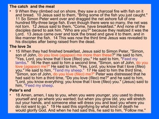The catch and the meal
• 9 When they climbed out on shore, they saw a charcoal fire with fish on it
and bread. 10 Jesus said to them, "Bring some of the fish you just caught."
11 So Simon Peter went over and dragged the net ashore full of one
hundred fifty-three large fish. Even though there were so many, the net was
not torn. 12 Jesus said to them, "Come, have breakfast." And none of the
disciples dared to ask him, "Who are you?" because they realized it was the
Lord. 13 Jesus came over and took the bread and gave it to them, and in
like manner the fish. 14 This was now the third time Jesus was revealed to
his disciples after being raised from the dead.
The love 3x
• 15 When they had finished breakfast, Jesus said to Simon Peter, "Simon,
son of John, do you love (agapao) me more than these?" He said to him,
"Yes, Lord, you know that I love (fileo) you." He said to him, "Feed my
lambs." 16 He then said to him a second time, "Simon, son of John, do you
love (agapao) me?" He said to him, "Yes, Lord, you know that I love (fileo)
you." He said to him, "Tend my sheep." 17 He said to him the third time,
"Simon, son of John, do you love (fileo) me?" Peter was distressed that he
had said to him a third time, "Do you love (fileo) me?" and he said to him,
"Lord, you know everything; you know that I love (fileo) you." (Jesus) said to
him, "Feed my sheep.
Peter’s end
• 18 Amen, amen, I say to you, when you were younger, you used to dress
yourself and go where you wanted; but when you grow old, you will stretch
out your hands, and someone else will dress you and lead you where you
do not want to go." 19 He said this signifying by what kind of death he
would glorify God. And when he had said this, he said to him, "Follow me."
 