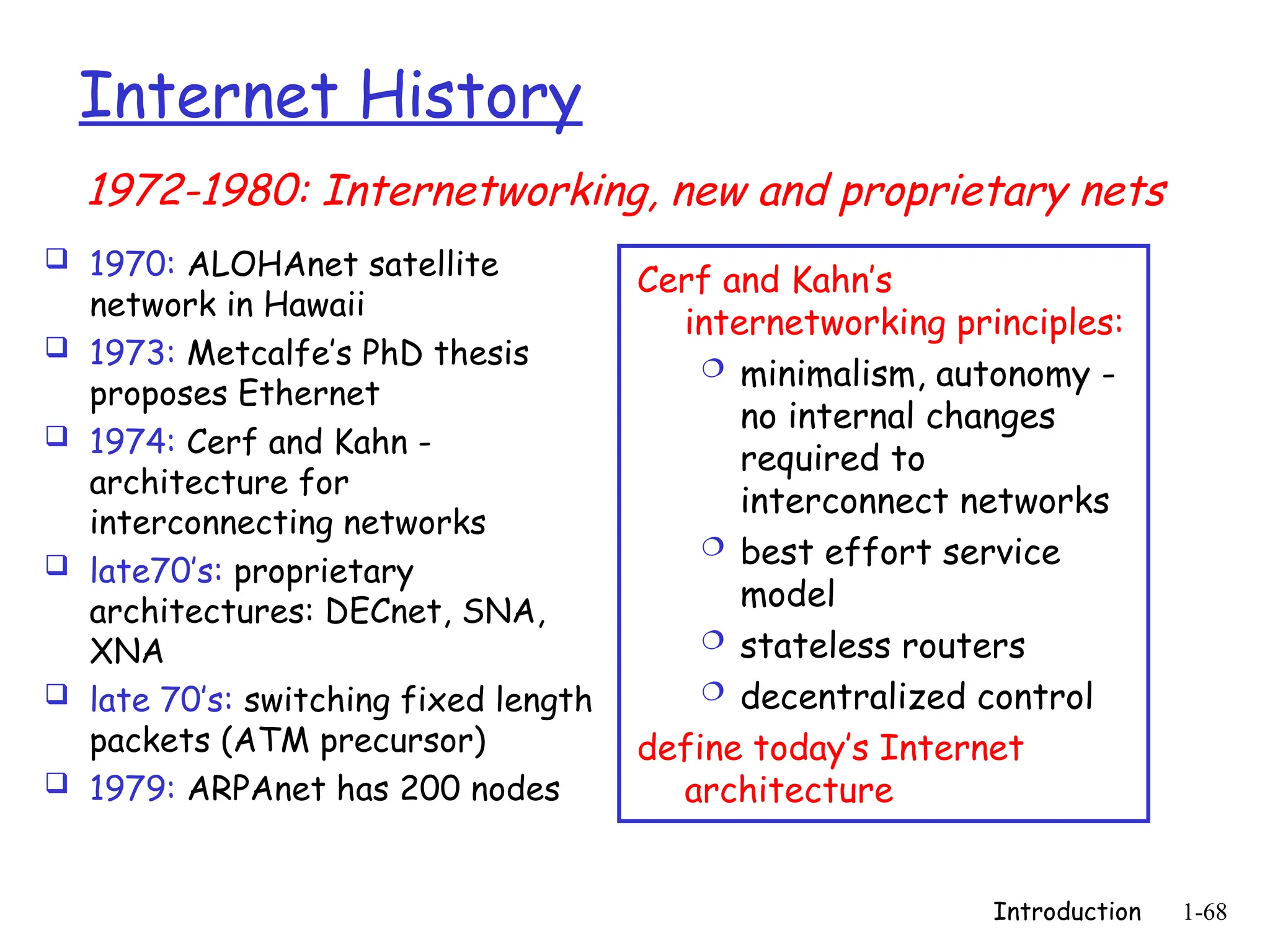 Introduction 1-68
Internet History
 1970: ALOHAnet satellite
network in Hawaii
 1973: Metcalfe’s PhD thesis
proposes Ethernet
 1974: Cerf and Kahn -
architecture for
interconnecting networks
 late70’s: proprietary
architectures: DECnet, SNA,
XNA
 late 70’s: switching fixed length
packets (ATM precursor)
 1979: ARPAnet has 200 nodes
Cerf and Kahn’s
internetworking principles:
 minimalism, autonomy -
no internal changes
required to
interconnect networks
 best effort service
model
 stateless routers
 decentralized control
define today’s Internet
architecture
1972-1980: Internetworking, new and proprietary nets
 