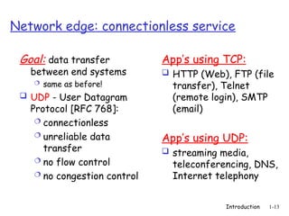 Introduction 1-13
Network edge: connectionless service
Goal: data transfer
between end systems
 same as before!
 UDP - User Datagram
Protocol [RFC 768]:
 connectionless
 unreliable data
transfer
 no flow control
 no congestion control
App’s using TCP:
 HTTP (Web), FTP (file
transfer), Telnet
(remote login), SMTP
(email)
App’s using UDP:
 streaming media,
teleconferencing, DNS,
Internet telephony
 