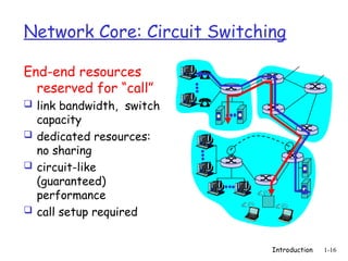 Introduction 1-16
Network Core: Circuit Switching
End-end resources
reserved for “call”
 link bandwidth, switch
capacity
 dedicated resources:
no sharing
 circuit-like
(guaranteed)
performance
 call setup required
 