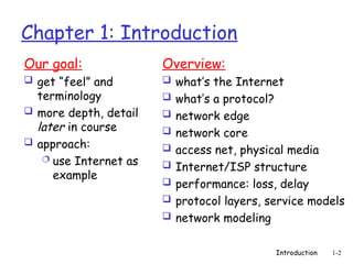 Introduction 1-2
Chapter 1: Introduction
Our goal:
 get “feel” and
terminology
 more depth, detail
later in course
 approach:
 use Internet as
example
Overview:
 what’s the Internet
 what’s a protocol?
 network edge
 network core
 access net, physical media
 Internet/ISP structure
 performance: loss, delay
 protocol layers, service models
 network modeling
 