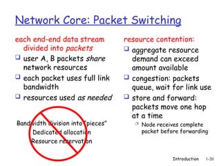 Introduction 1-20
Network Core: Packet Switching
each end-end data stream
divided into packets
 user A, B packets share
network resources
 each packet uses full link
bandwidth
 resources used as needed
resource contention:
 aggregate resource
demand can exceed
amount available
 congestion: packets
queue, wait for link use
 store and forward:
packets move one hop
at a time
 Node receives complete
packet before forwarding
Bandwidth division into “pieces”
Dedicated allocation
Resource reservation
 