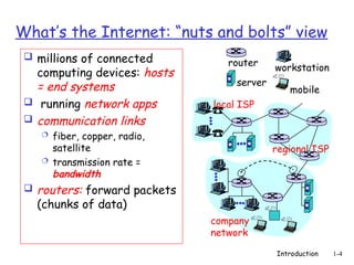 Introduction 1-4
What’s the Internet: “nuts and bolts” view
 millions of connected
computing devices: hosts
= end systems
 running network apps
 communication links
 fiber, copper, radio,
satellite
 transmission rate =
bandwidth
 routers: forward packets
(chunks of data)
local ISP
company
network
regional ISP
router
workstation
server
mobile
 