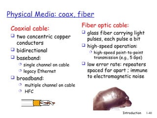 Introduction 1-40
Physical Media: coax, fiber
Coaxial cable:
 two concentric copper
conductors
 bidirectional
 baseband:
 single channel on cable
 legacy Ethernet
 broadband:
 multiple channel on cable
 HFC
Fiber optic cable:
 glass fiber carrying light
pulses, each pulse a bit
 high-speed operation:
 high-speed point-to-point
transmission (e.g., 5 Gps)
 low error rate: repeaters
spaced far apart ; immune
to electromagnetic noise
 
