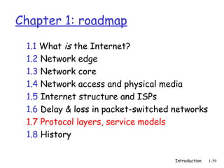Introduction 1-59
Chapter 1: roadmap
1.1 What is the Internet?
1.2 Network edge
1.3 Network core
1.4 Network access and physical media
1.5 Internet structure and ISPs
1.6 Delay & loss in packet-switched networks
1.7 Protocol layers, service models
1.8 History
 