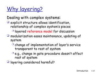 Introduction 1-63
Why layering?
Dealing with complex systems:
 explicit structure allows identification,
relationship of complex system’s pieces
 layered reference model for discussion
 modularization eases maintenance, updating of
system
 change of implementation of layer’s service
transparent to rest of system
 e.g., change in gate procedure doesn’t affect
rest of system
 layering considered harmful?
 