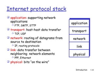 Introduction 1-64
Internet protocol stack
 application: supporting network
applications
 FTP, SMTP, STTP
 transport: host-host data transfer
 TCP, UDP
 network: routing of datagrams from
source to destination
 IP, routing protocols
 link: data transfer between
neighboring network elements
 PPP, Ethernet
 physical: bits “on the wire”
application
transport
network
link
physical
 