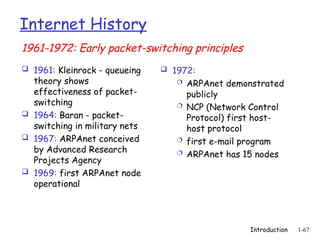 Introduction 1-67
Internet History
 1961: Kleinrock - queueing
theory shows
effectiveness of packet-
switching
 1964: Baran - packet-
switching in military nets
 1967: ARPAnet conceived
by Advanced Research
Projects Agency
 1969: first ARPAnet node
operational
 1972:
 ARPAnet demonstrated
publicly
 NCP (Network Control
Protocol) first host-
host protocol
 first e-mail program
 ARPAnet has 15 nodes
1961-1972: Early packet-switching principles
 