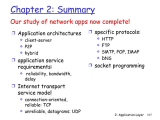 Chapter 2: Summary
Our study of network apps now complete!
Ì Application architectures         Ì specific protocols:
    client-server                      HTTP

    P2P                                FTP

    hybrid                             SMTP, POP, IMAP
                                        DNS
Ì application service
  requirements:                     Ì socket programming
       reliability, bandwidth,
       delay
Ì Internet transport
  service model
      connection-oriented,
       reliable: TCP
      unreliable, datagrams: UDP
                                              2: Application Layer   107
 