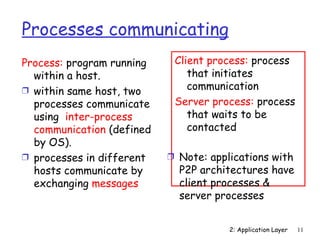 Processes communicating
Process: program running    Client process: process
  within a host.               that initiates
Ì within same host, two        communication
  processes communicate     Server process: process
  using inter-process          that waits to be
  communication (defined       contacted
  by OS).
Ì processes in different   Ì Note: applications with
  hosts communicate by       P2P architectures have
  exchanging messages        client processes &
                             server processes


                                       2: Application Layer   11
 