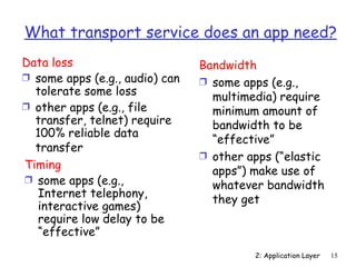 What transport service does an app need?
Data loss                       Bandwidth
Ì some apps (e.g., audio) can   Ì some apps (e.g.,
  tolerate some loss              multimedia) require
Ì other apps (e.g., file          minimum amount of
  transfer, telnet) require       bandwidth to be
  100% reliable data
                                  “effective”
  transfer
                                Ì other apps (“elastic
Timing
                                  apps”) make use of
Ì some apps (e.g.,
                                  whatever bandwidth
  Internet telephony,
                                  they get
  interactive games)
  require low delay to be
  “effective”
                                         2: Application Layer   15
 