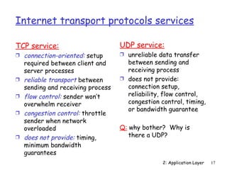 Internet transport protocols services

TCP service:                        UDP service:
Ì   connection-oriented: setup      Ì unreliable data transfer
    required between client and       between sending and
    server processes                  receiving process
Ì   reliable transport between      Ì does not provide:
    sending and receiving process     connection setup,
Ì   flow control: sender won’t        reliability, flow control,
    overwhelm receiver                congestion control, timing,
                                      or bandwidth guarantee
Ì   congestion control: throttle
    sender when network
    overloaded                      Q: why bother? Why is
Ì   does not provide: timing,          there a UDP?
    minimum bandwidth
    guarantees
                                                  2: Application Layer   17
 