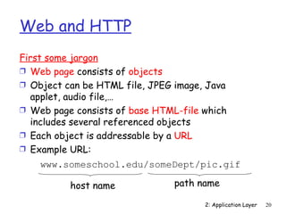 Web and HTTP
First some jargon
Ì Web page consists of objects
Ì Object can be HTML file, JPEG image, Java
   applet, audio file,…
Ì Web page consists of base HTML-file which
   includes several referenced objects
Ì Each object is addressable by a URL
Ì Example URL:
    www.someschool.edu/someDept/pic.gif

          host name             path name

                                      2: Application Layer   20
 