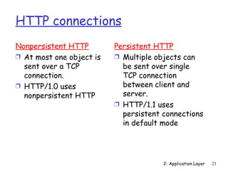 HTTP connections
Nonpersistent HTTP        Persistent HTTP
Ì At most one object is   Ì Multiple objects can
  sent over a TCP           be sent over single
  connection.               TCP connection
Ì HTTP/1.0 uses             between client and
  nonpersistent HTTP        server.
                          Ì HTTP/1.1 uses
                            persistent connections
                            in default mode




                                       2: Application Layer   23
 