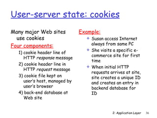 User-server state: cookies
Many major Web sites           Example:
  use cookies                       Susan access Internet
Four components:                     always from same PC
                                    She visits a specific e-
  1) cookie header line of
                                     commerce site for first
     HTTP response message
                                     time
  2) cookie header line in
                                    When initial HTTP
     HTTP request message
                                     requests arrives at site,
  3) cookie file kept on             site creates a unique ID
     user’s host, managed by         and creates an entry in
     user’s browser                  backend database for
  4) back-end database at            ID
     Web site


                                               2: Application Layer   36
 